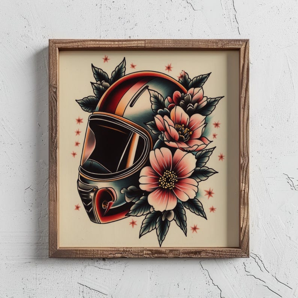 Vintage Helmet Motorcycle & Traditional Tattoo Flash Art Print- Cafe Racer